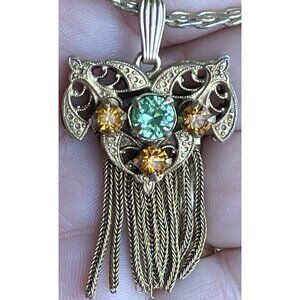 Vintage Art Deco Pendant Necklace Stamped 12012KGF  Green Amber Stones